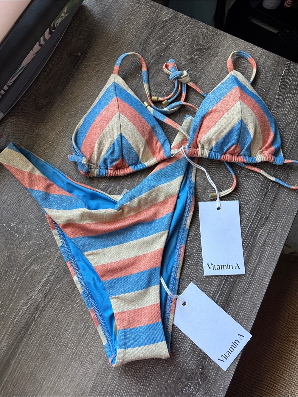 Vitamin A Chevron Striped Triangle Bikini - Blue, Coral & Cream